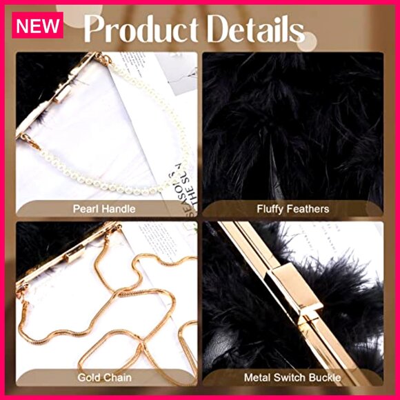 Faux Feather Clutch Purse with 2 Chains, Evening Bag for Weddings Parties - Picture 5 of 8